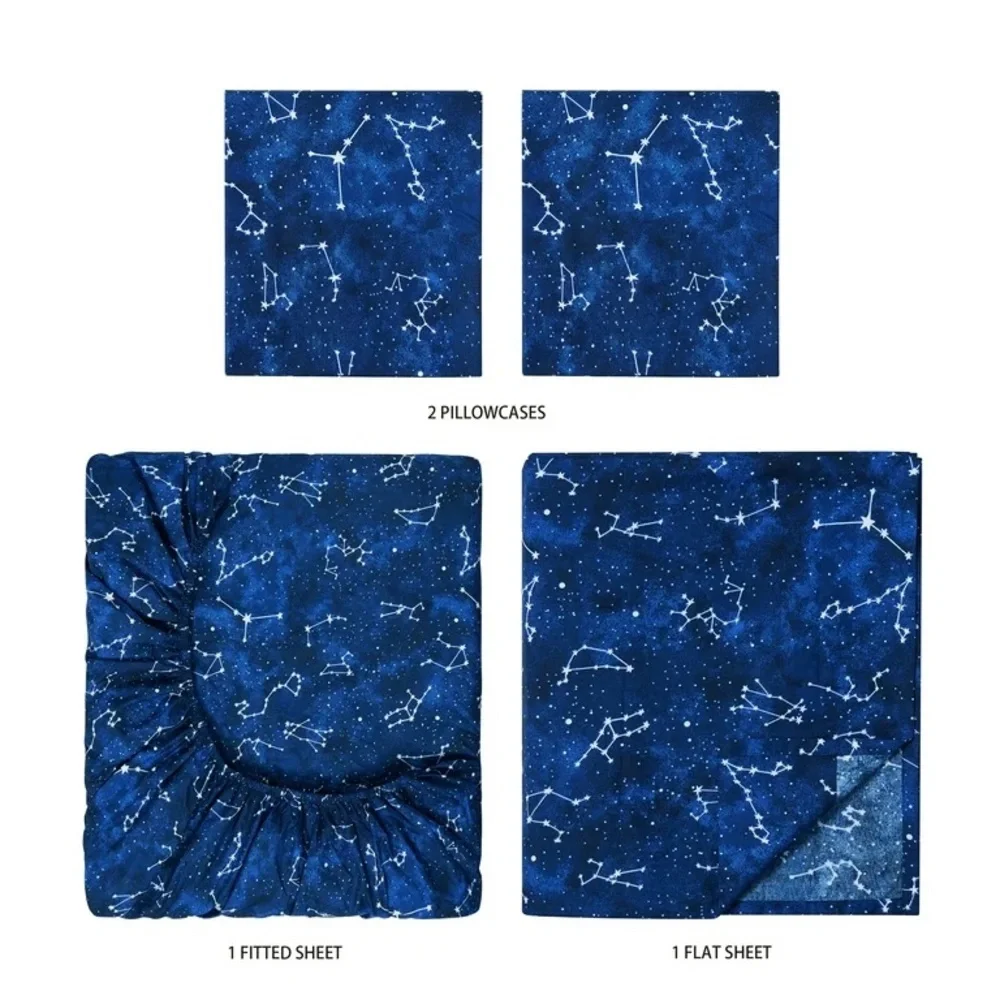Kids' Soft Microfiber Sheet Set, Navy Blue Stars 4 Pieces Bedding Set
